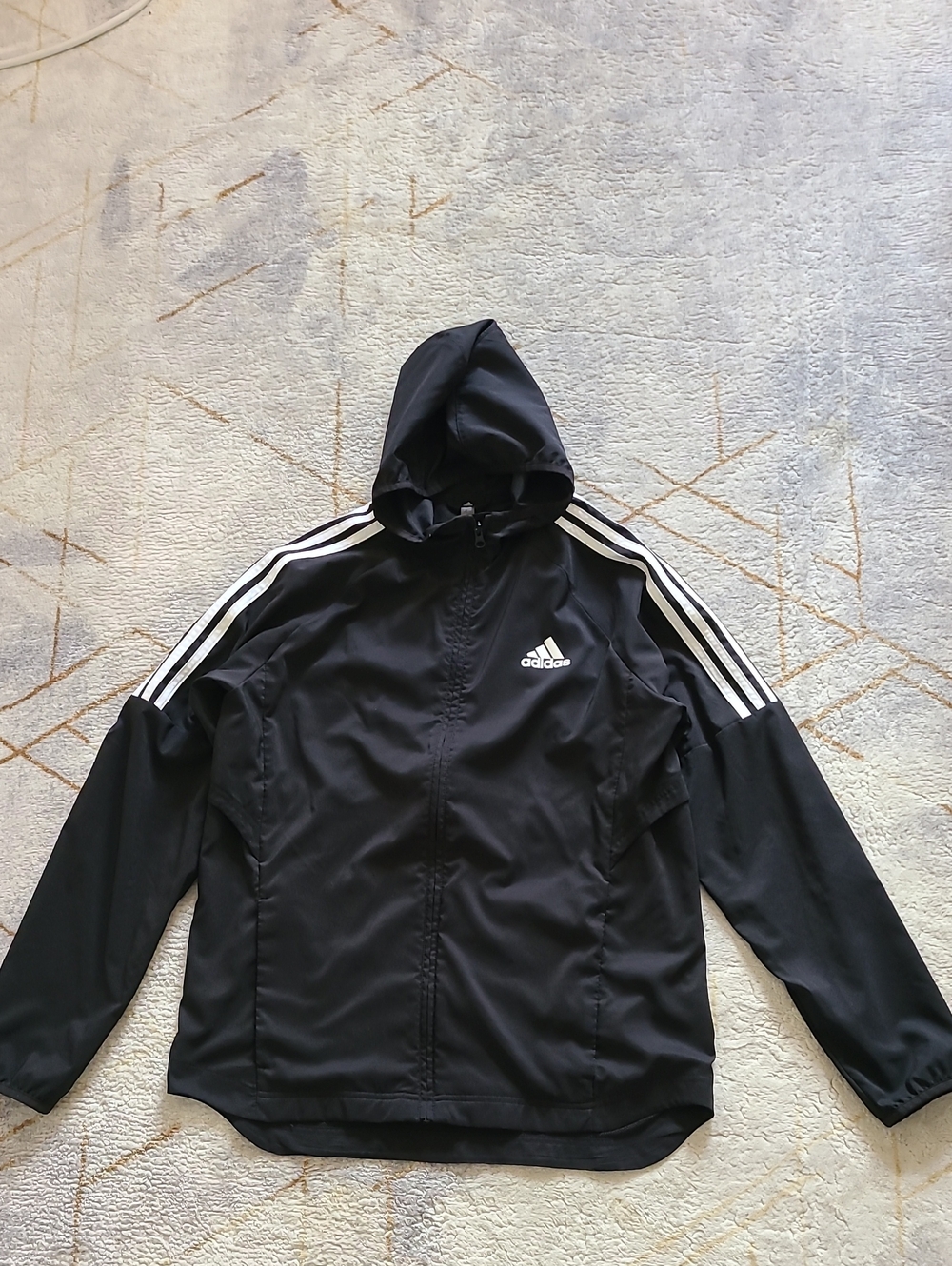 Adidas Men’s M Black 3 Stripe Running Windbreaker Hooded Vented Jacket